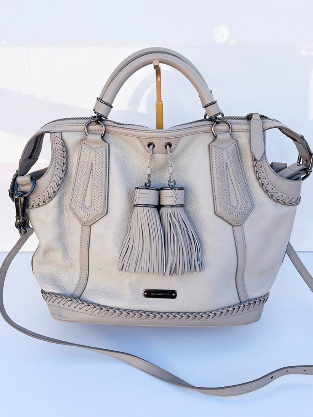 BURBERRY Leather Braided Tassel Large Hobo Tote Bag Grey